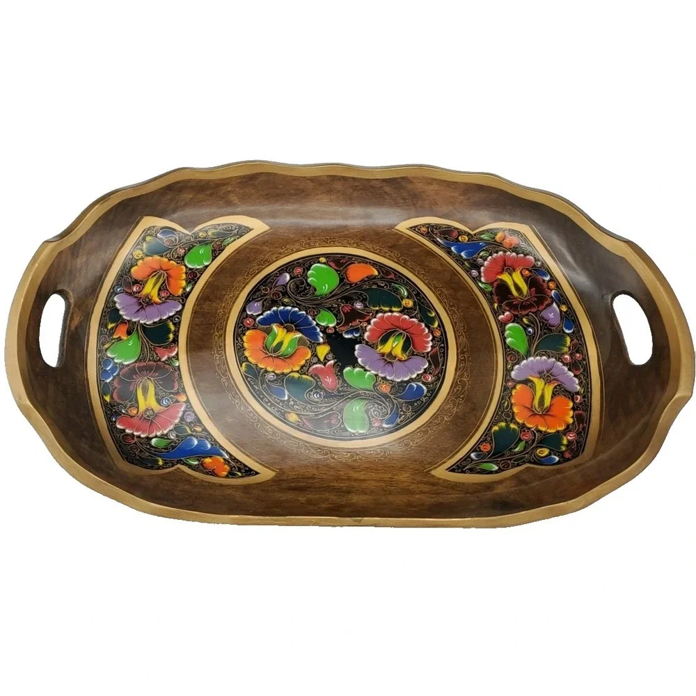 Vtg Mexico Batea Wood Hang Decor Serving Tray Handles Handpainted Bright Flowers